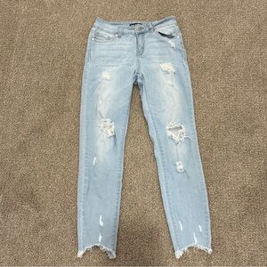 Blue Skinny Distressed Jeans with Raw Hem